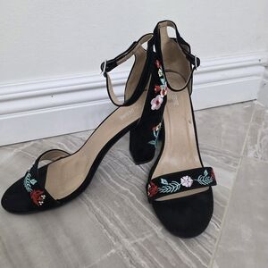 Bershka Black Heels with Colorful Floral Embroidery